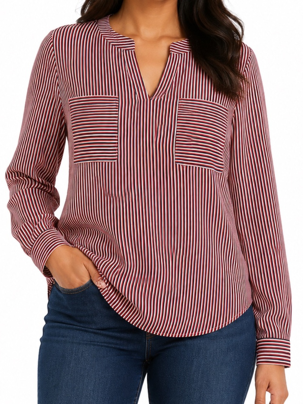 CAbi Red White Blue Vertical Stripe Long-Sleeve Blouse